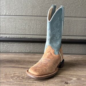 Old West Youth Bull Hide Suede Cowboy  Brown and Blue Western Boots